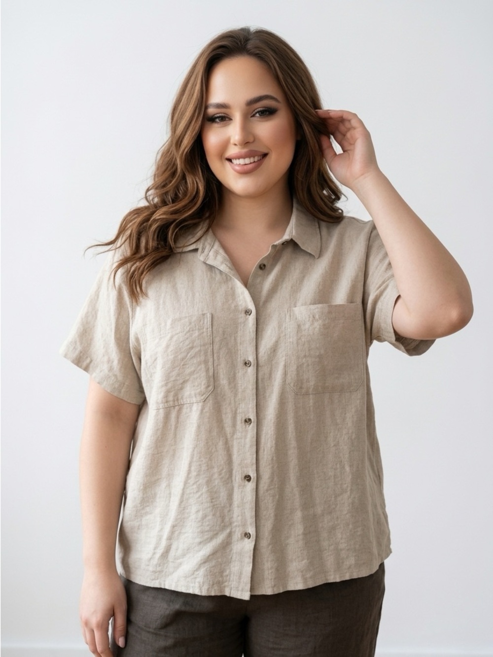 Relaxed Short-Sleeve Button-Down Shirt in Light Beige | Lily Morgan 3X